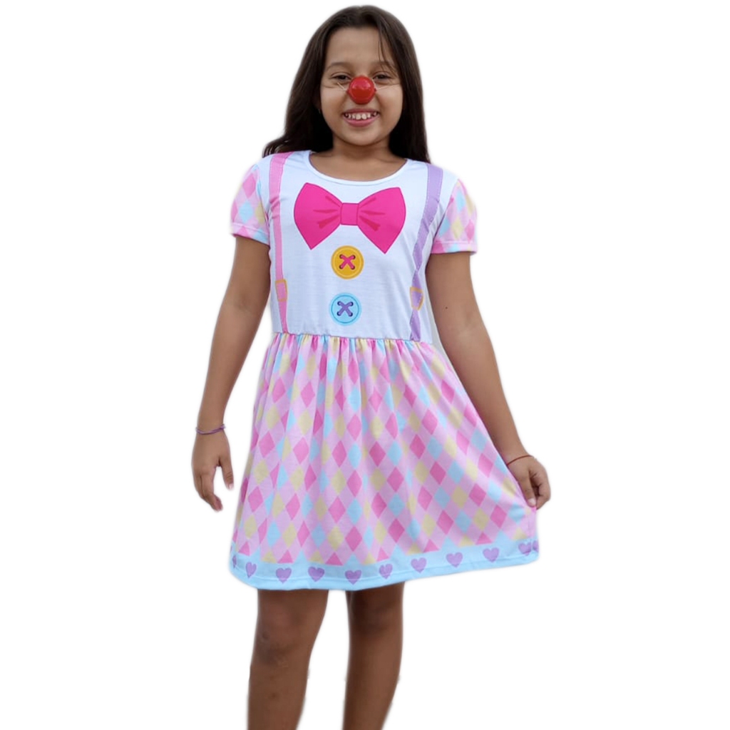Vestido Infantil Temático Fantasia Aniversário Palhacinha Com Nariz de Palhaço