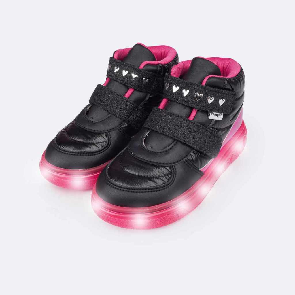 Tênis Infantil Menina Led Cano Médio Pampili Sneaker Matelassê Comfy-Preto