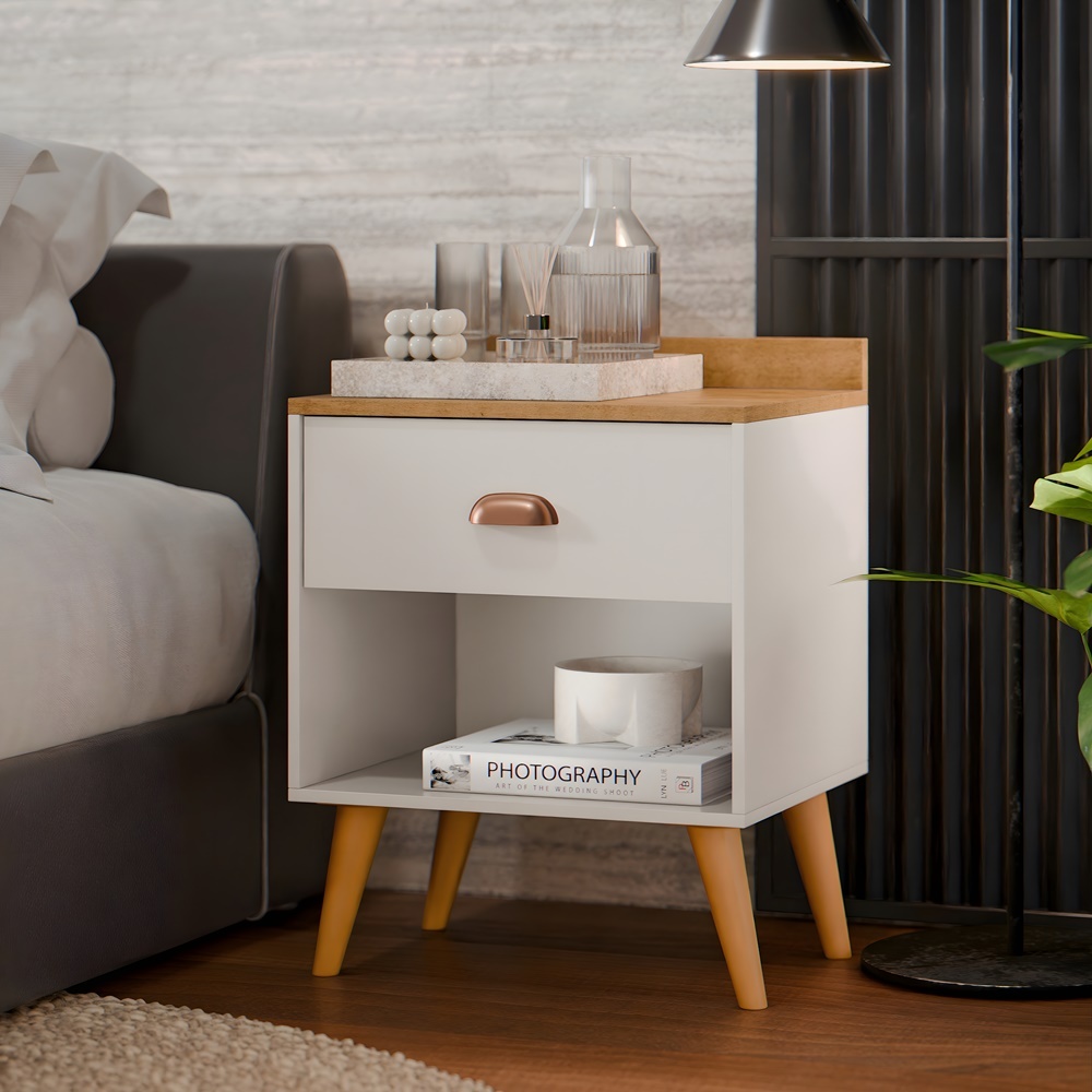 mesa de cabceira  / Mesa de cabeceira retrô wood com pés retrô 1 gaveta e puxador em Oferta na Shopee