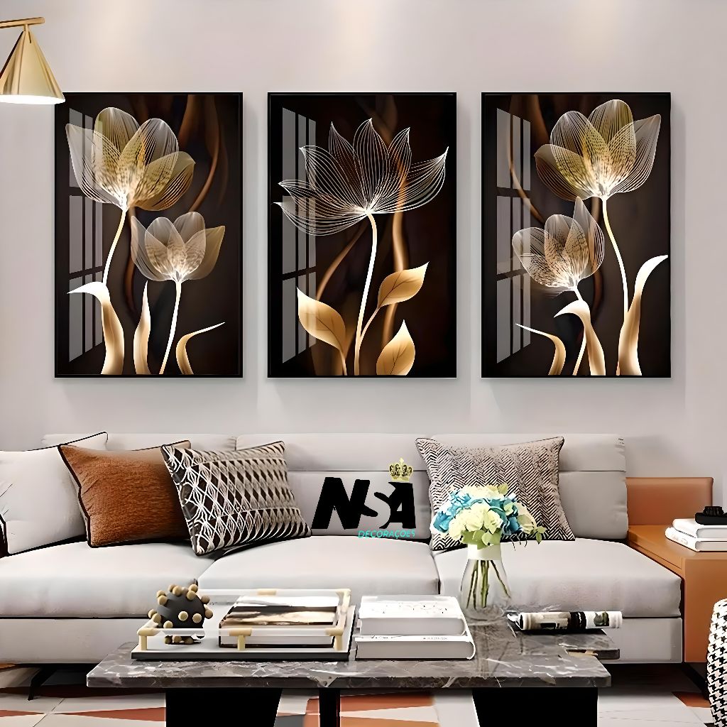 Kit quadro decorativos abstrato preto marrom flor dourada, luxo preto dourado em Oferta na Shopee