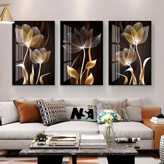 Kit quadro decorativos abstrato preto marrom flor dourada, luxo preto dourado em Oferta na Shopee
