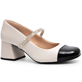Scarpin Feminino Lumiss Mary Jane Boneca Sapato Social Salto Bloco Sandália Confortável Bicolor Strass Brilho em Oferta na Shopee