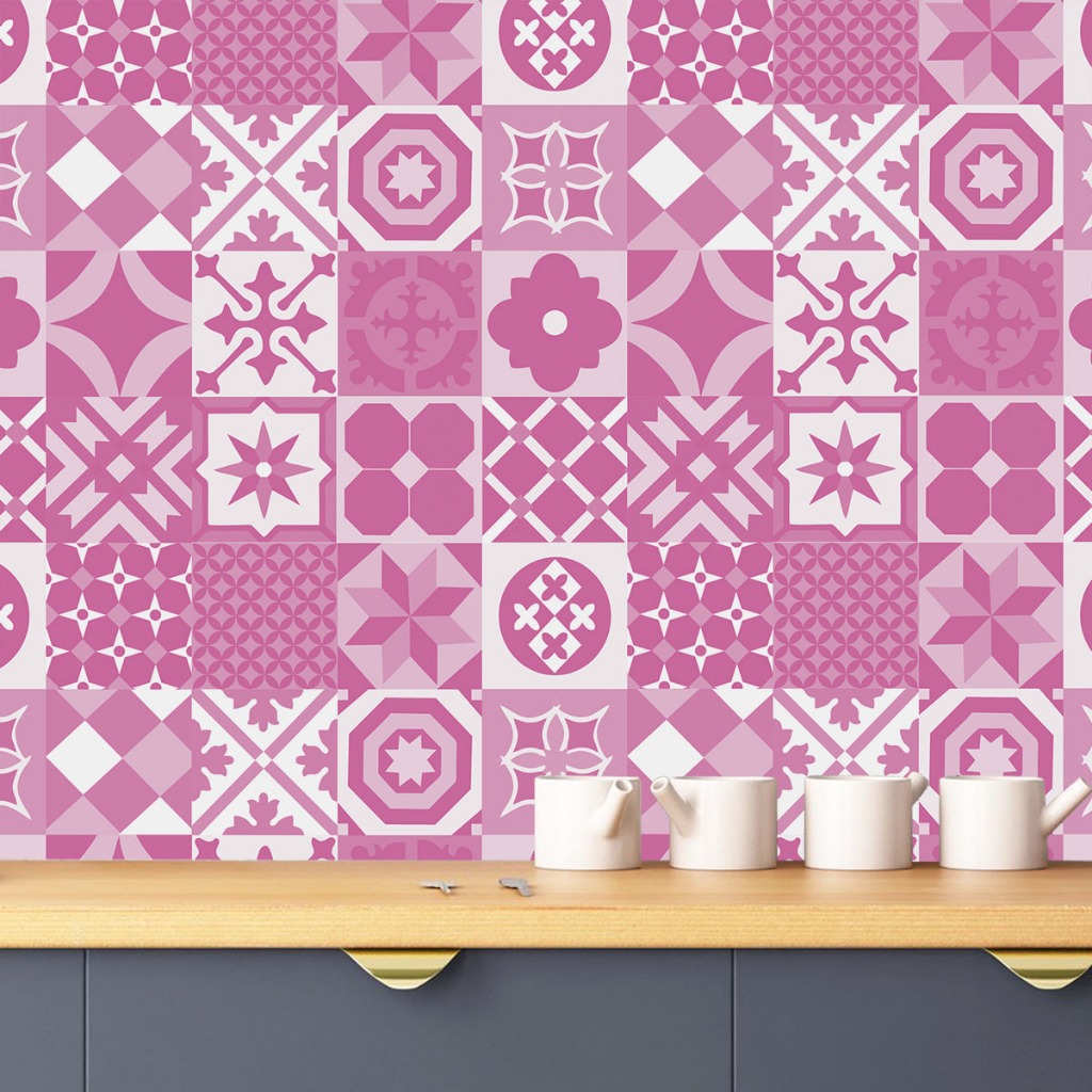Papel de Parede Adesivo Vinílico Azulejo Rosa e Branco Lavável Cozinha e Banheiro