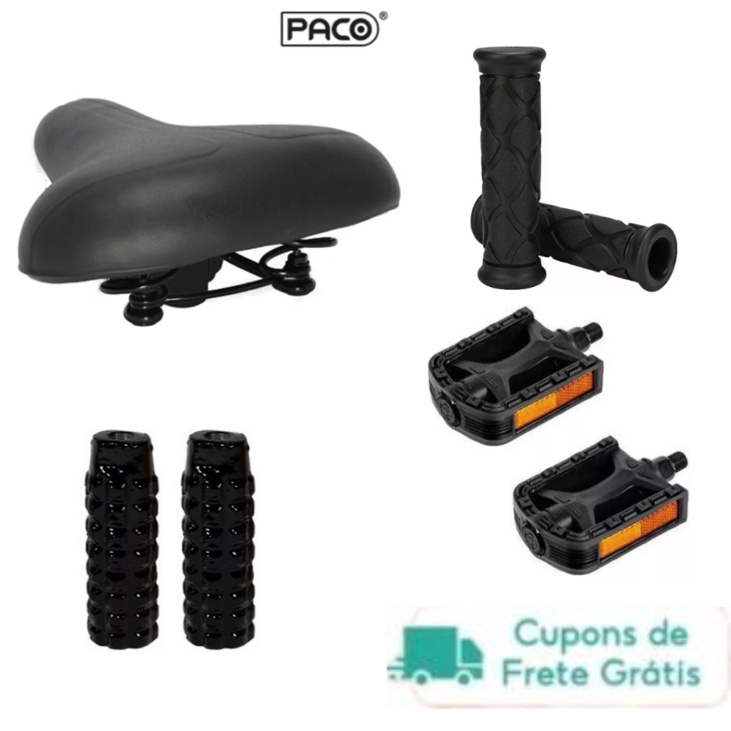 KIT BIKE CAICARA BEACH SELIM 2 MOLAS PACO P/ BICICLETA CAICARA PRAIEIRA URBANA PASSEIO + PAR MANOPLAS DE BORRACHA GTA+ PEDAL + TROLHINHA PRETO