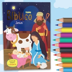 Livro Infantil Bíblico Jesus Livro de Colorir + Adesivos Ensinamentos da Bíblia