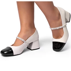 Scarpin Feminino Lumiss Mary Jane Boneca Sapato Salto Bloco Sandália Bicolor Confortável Strass Brilho Off White