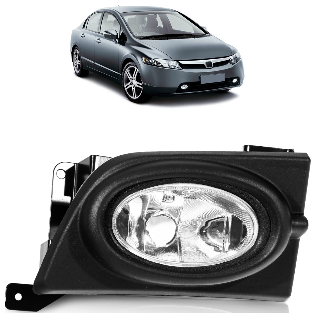 Farol Milha Auxiliar New Civic LXS ESX 2006 2007 2008 Com Moldura Carcaça Preta Lente Lisa Vidro