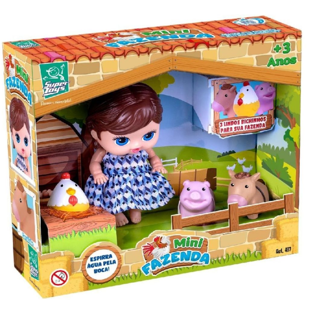 Boneca Mini Fazenda Com 3 Animais Galinha, Porco e Cavalo - Super Toys 487