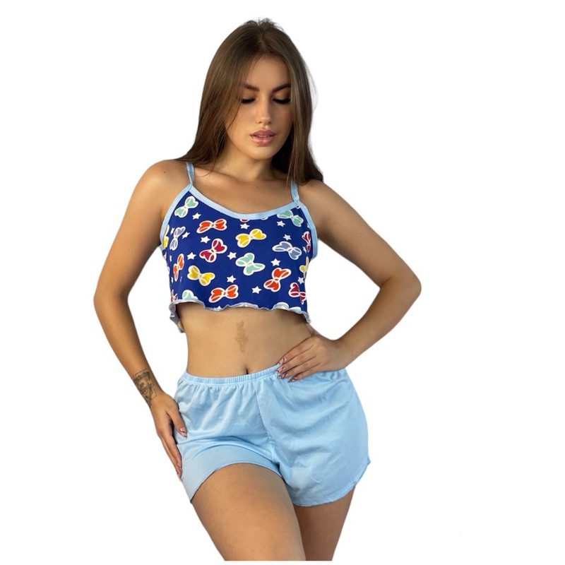 Short Doll Feminino Pijama Conjunto Top Com Short Baby Doll Suede Estampado Verão Cropped Confortável Adulto
