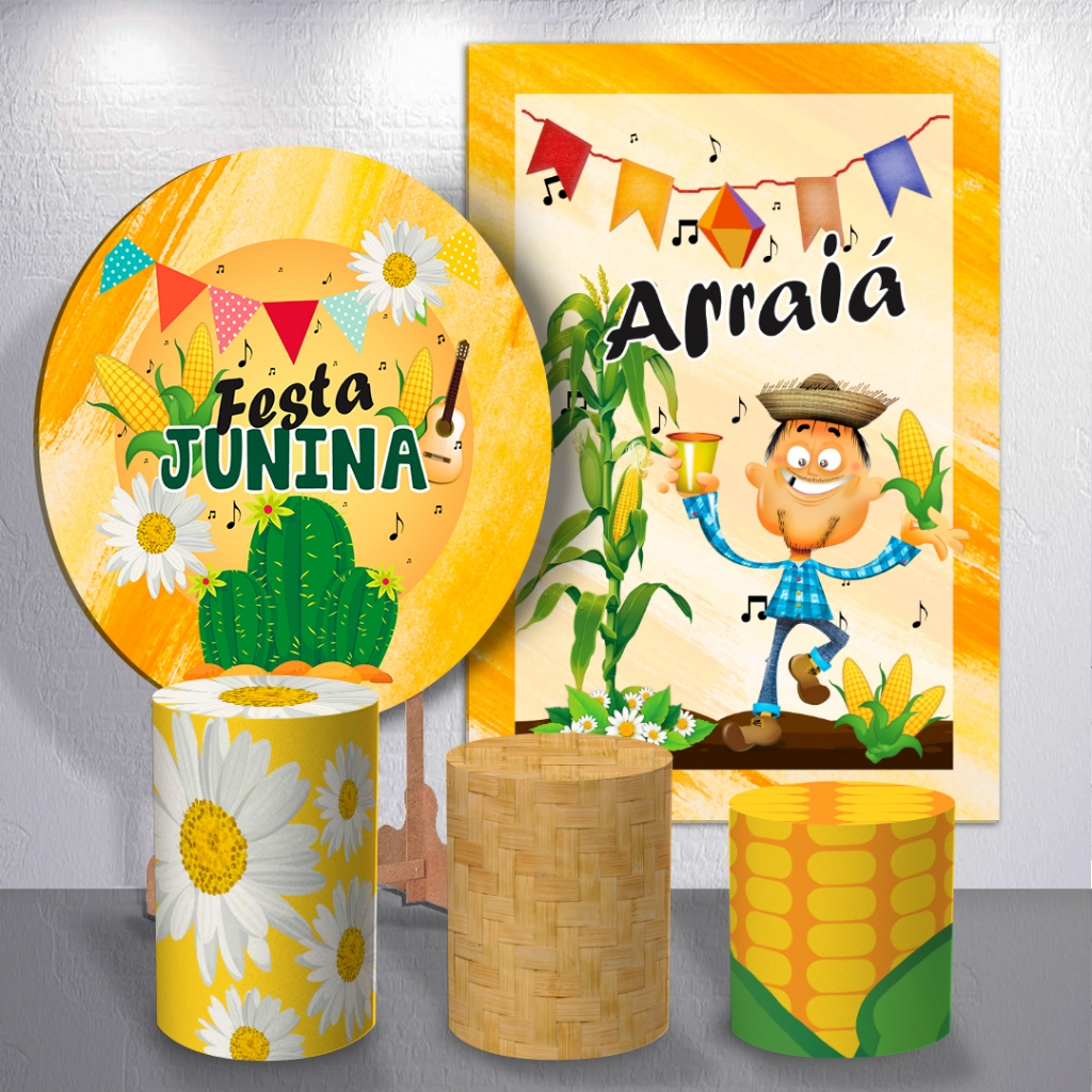 Painel de Festa Com Trio Cilindro Decoração Amerela Arraial Festa junina Kit ou Peças Avulsas