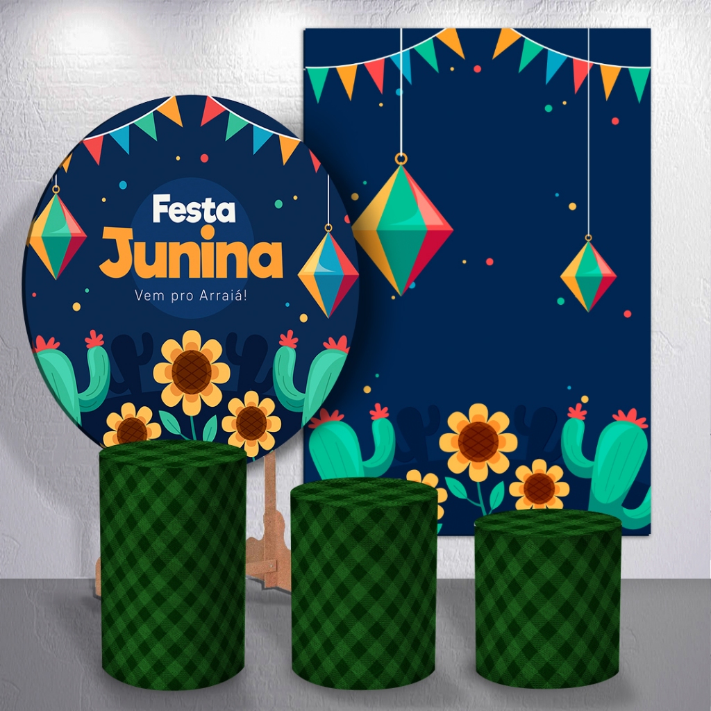 Painel e Trio De Cilindro Festa Junina Capas Azul Tematica Decoração São João ou Kit Peças Avulsas