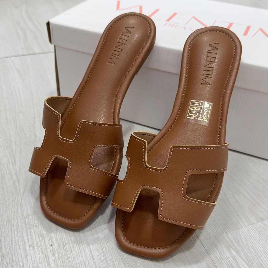 Sandália feminina chinelo 5050 tendência couro sintético lançamento Valentim marrom promoç...