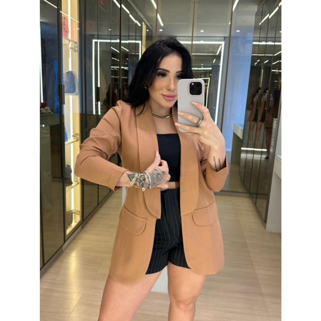 Blazer Feminino  Alfaiataria Social Alongado  Feminino tecido alfaiataria social premium sobretudo Max Blazer gola dupla