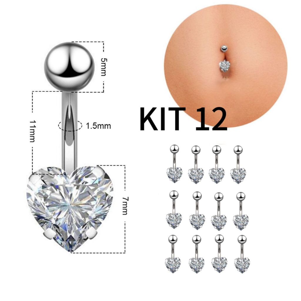 Kit 12 Unidades Piercing Umbigo Aço Cirúrgico Pedrinha Formado Coração em Oferta na Shopee