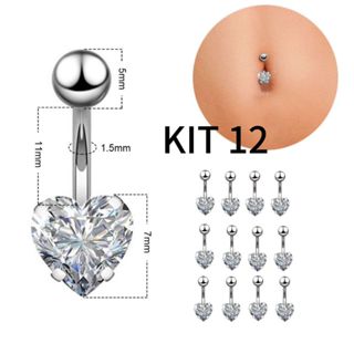 Kit 12 Unidades Piercing Umbigo Aço Cirúrgico Pedrinha Formado Coração em Oferta na Shopee