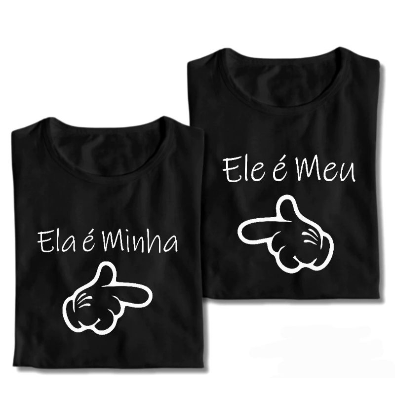 Kit Casal Ela e Minha Ele e Meu Mao Mickey Camisetas Frases Engraçadas Camisa Algodão Mozao Dia Dos Namorados Festa Fechamento Meme Humor Blusa Casual Estampada Básica Tumblr Promoção Masculina Feminina Preta Comemoração Amigos Conjunto Unissex T-shirt