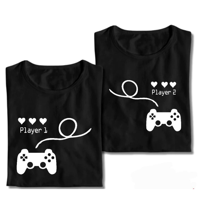 Kit Casal Player 1 Player 2 Coracao Video Game Camisetas Frases Engraçadas Camisa Algodão Mozao Dia Namorados Festa Fechamento Meme Humor Blusa Casual Estampada Básica Tumblr Promoção Masculina Feminina Preta Comemoração Amigos Conjunto Unissex T-shirt