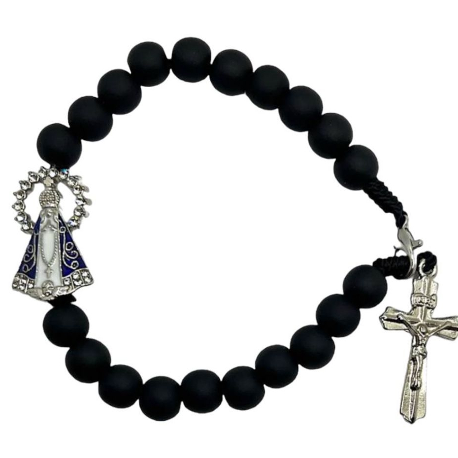 Pulseira São Bento/ Nossa Senhora Aparecida Pérola Emborrachada Preta em Oferta na Shopee