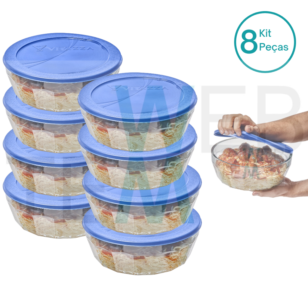 Kit 8 Potes Tigela de Vidro com Tampa Plástica Laguna 4 Litros Vitazza: Para Servir, Armazenar Alimentos, Organização de Cozinha e Geladeira, Opção Sustentável