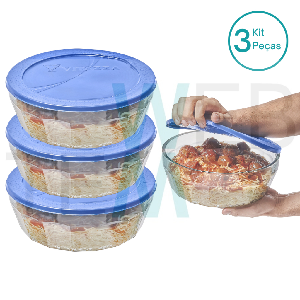 Kit 3 Potes Tigela de Vidro com Tampa Plástica Laguna 4 Litros Vitazza