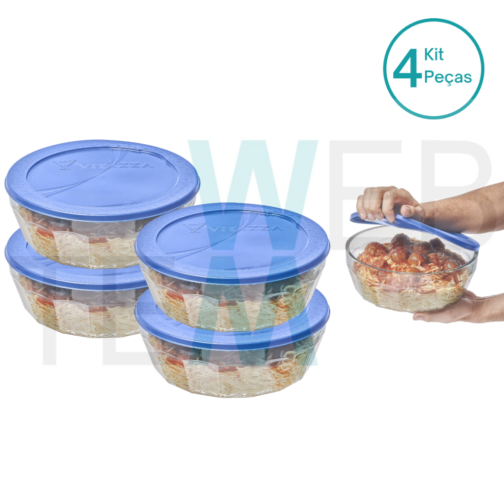Kit 4 Potes Tigela de Vidro com Tampa Plástica Laguna 4 Litros Vitazza: Para Servir e Armazenar