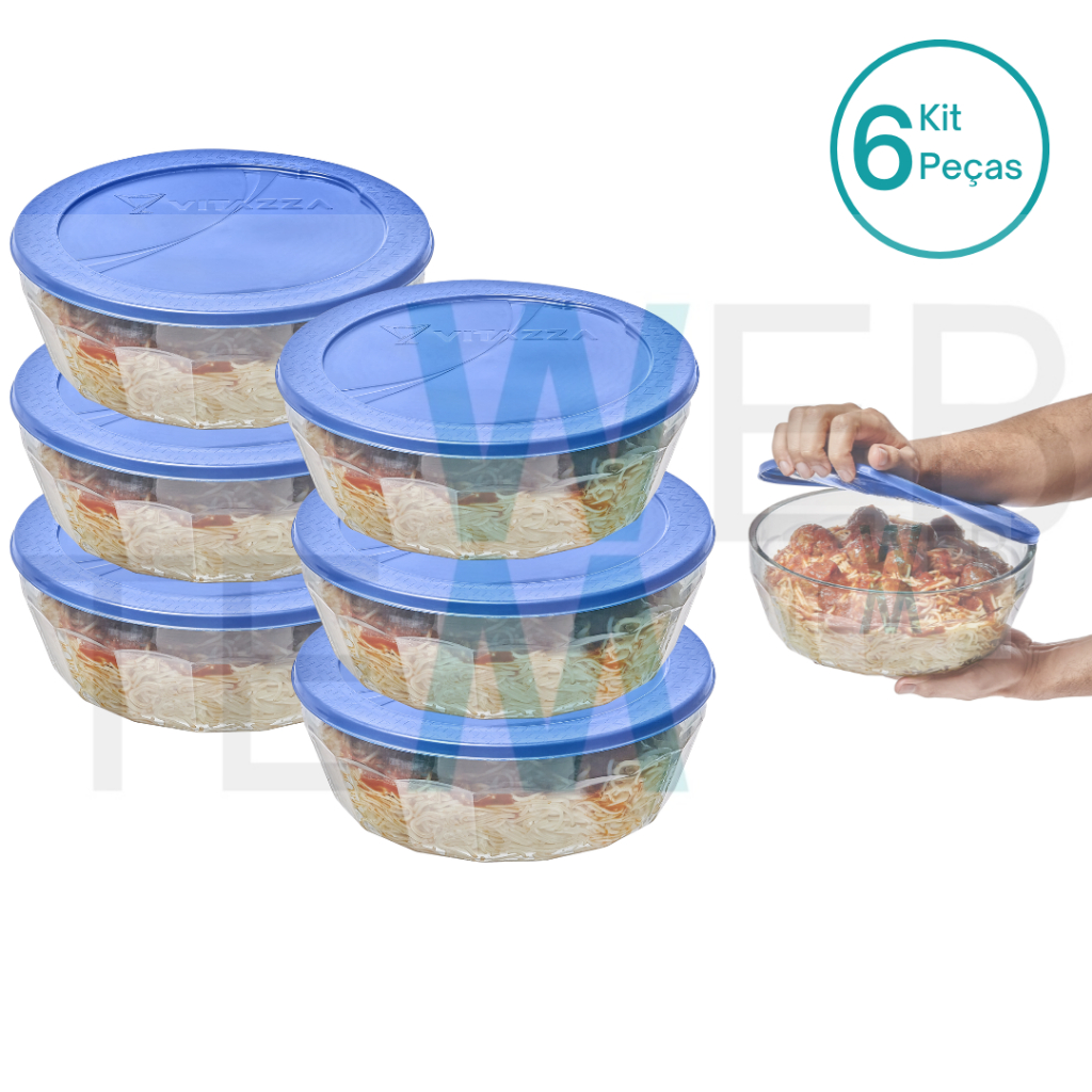 Kit 6 Potes Tigela de Vidro com Tampa Plástica Laguna 4 Litros Vitazza: Para Servir, Armazenar Alimentos, Organização de Cozinha e Geladeira, Opção Sustentável