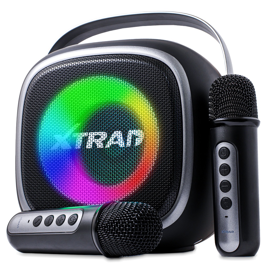Caixa De Som Karaokê Bluetooth LED RGB Microfone Duplo Sem Fio Efeito De Voz Auxiliar P2 TF SD USB