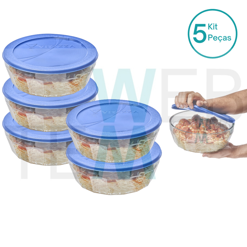 Kit 5 Potes Tigela Vidro Grande Laguna 4 Litros Com Tampa Plástica Vitazza Armazenar Sustentável