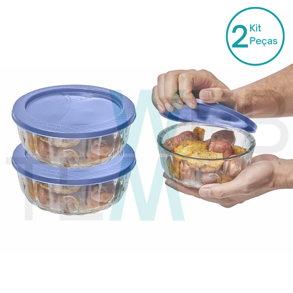 Kit 2 Potes Tigela Saladeira de Vidro com Tampa Oceani 600ml Vitazza para Servir Organizar Cozinha