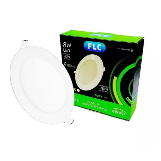 Lampada LED 8W Embutir Redondo Branco Quente FLC Teto Rebaixamento