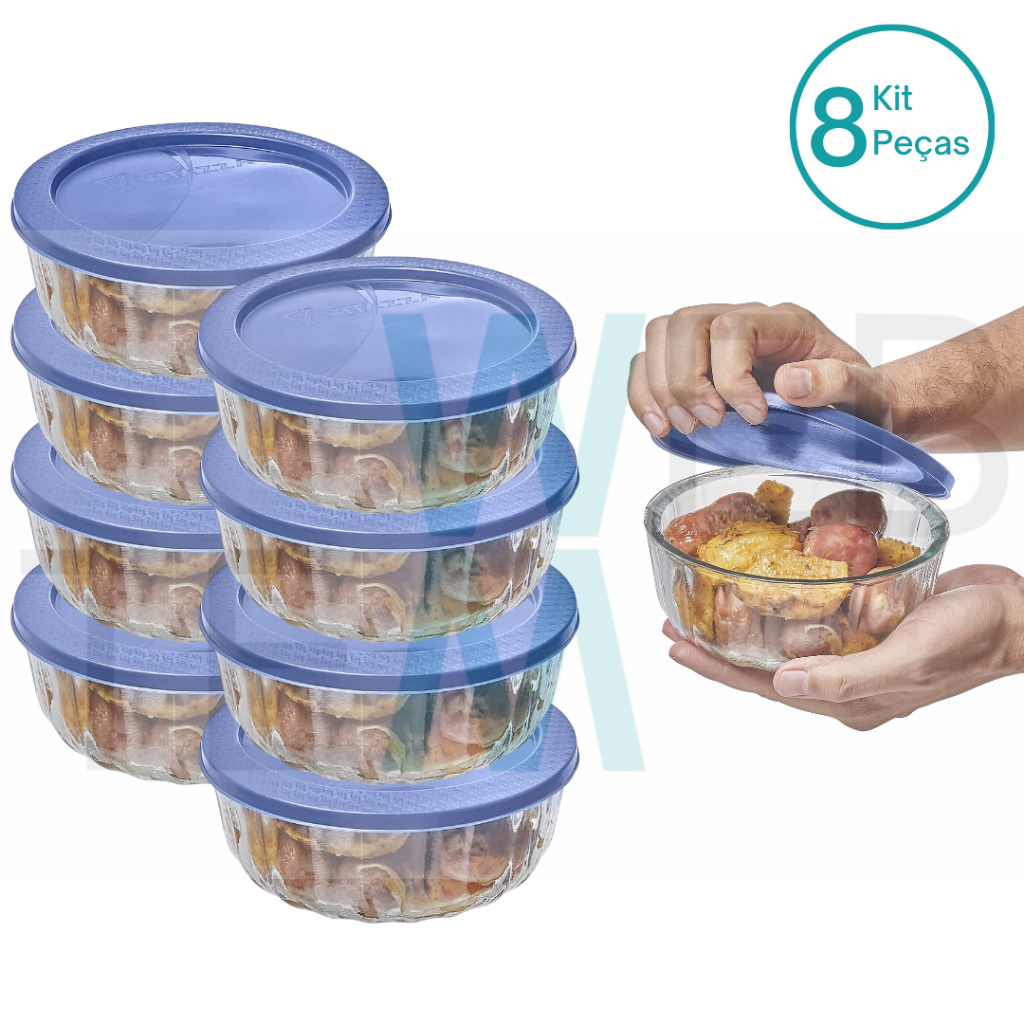 Kit 8 Potes Tigela Saladeira de Vidro com Tampa Plástica Oceani 600ml Vitazza: Para Servir e Organização de Cozinha e Geladeira Opção Sustentável