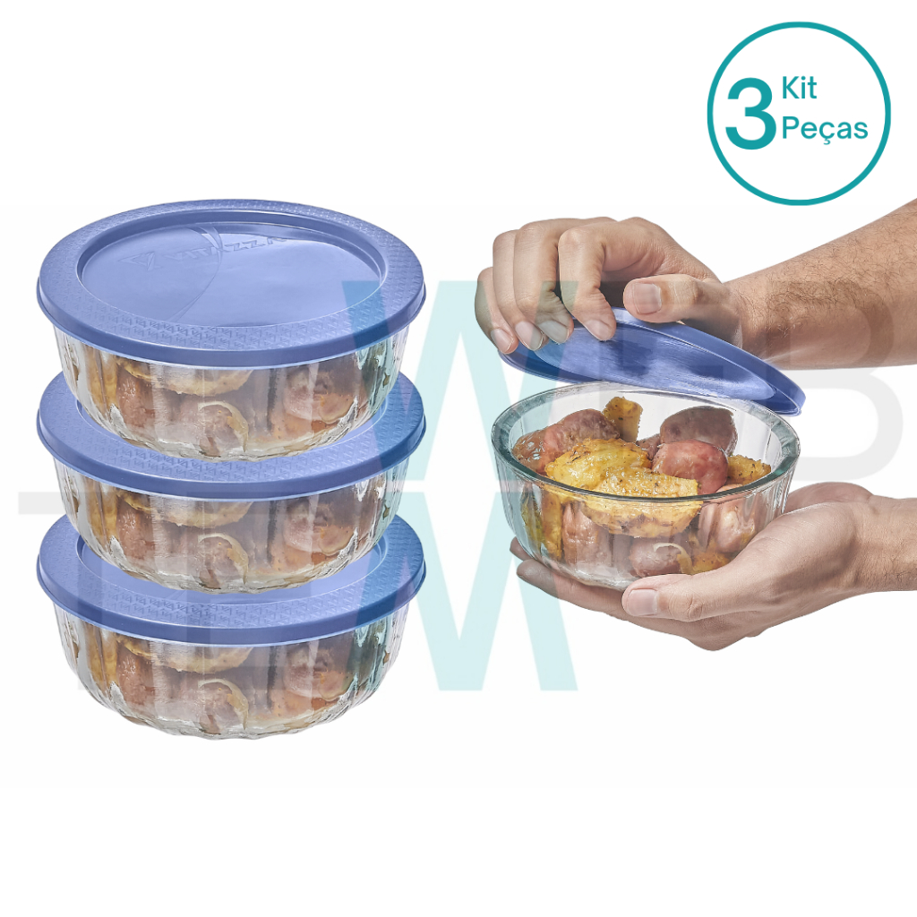 Kit 3 Potes Tigela Saladeira de Vidro com Tampa Oceani 600ml Vitazza para Servir Organizar Cozinha Geladeira Sustentável