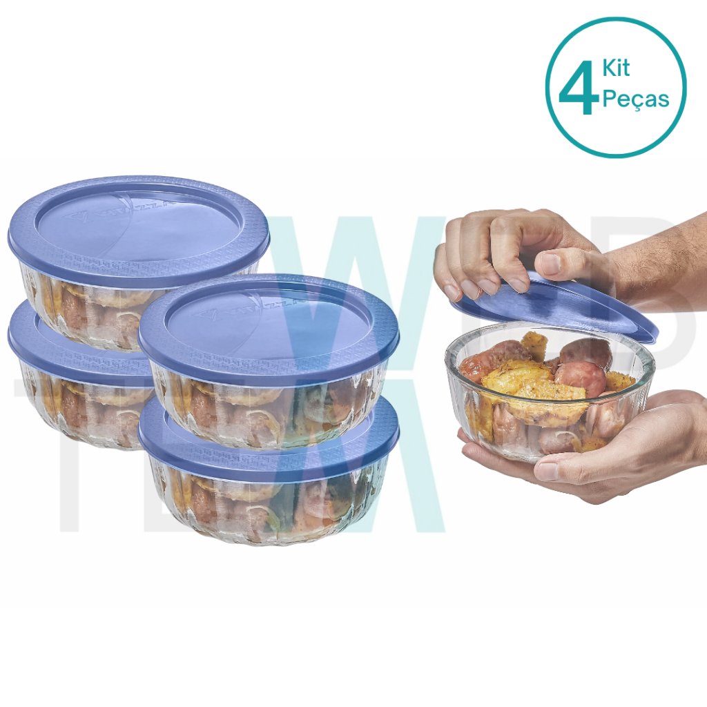 Kit 4 Potes Tigela Saladeira de Vidro com Tampa Plástica Oceani 600ml Vitazza: Para Servir e Organização de Cozinha e Geladeira Opção Sustentável