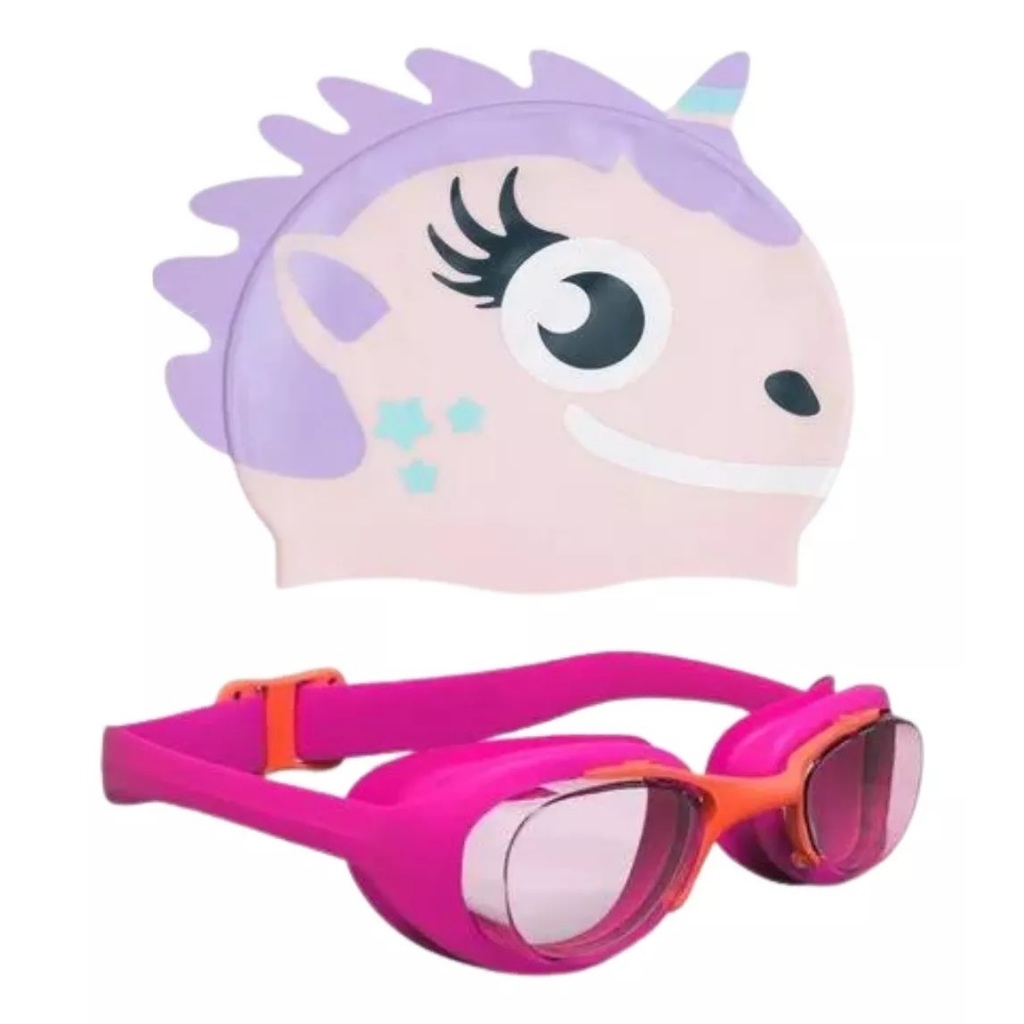 Kit Touca E Óculos De Natação Infantil | Rosa | Unicórnio TRIBORD NABAIJI ORIGINAL