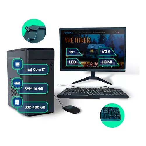 cpu +monitor Completo core-i7 ssd 480gb 16GB wifi Monitor 19 ` teclado e kit teclado e mouse cabos e cx de som
