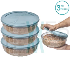 Kit 3 Potes Tigela Saladeira de Vidro com Tampa Plástica Oceani 1,5 litro Vitazza: Para Servir