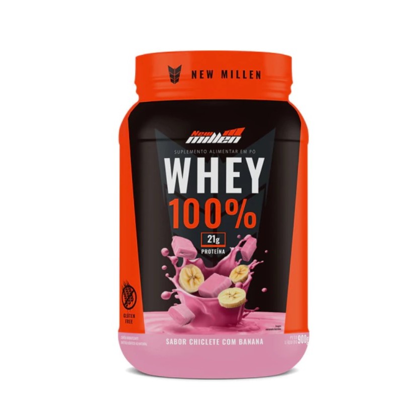 Lançamento Whey Protein 100% New Millen 900g pote Sabor: CHICLETE COM BANANA - Ganho de Massa Emagrecimento Sabor Maravilhoso