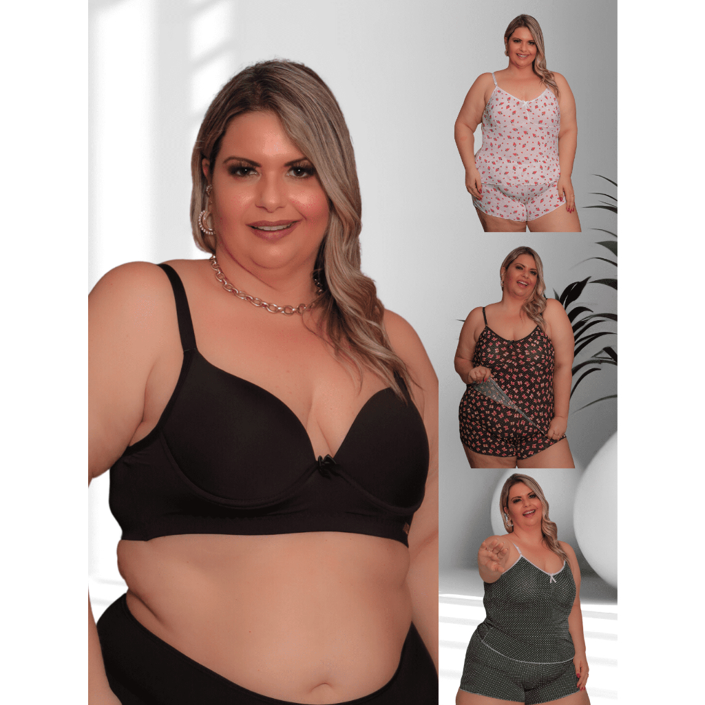 KIT Plus Size Sutia Alça Larga Confortável e Short Doll  Babydoll Liganete Estampado Alça Regulavel