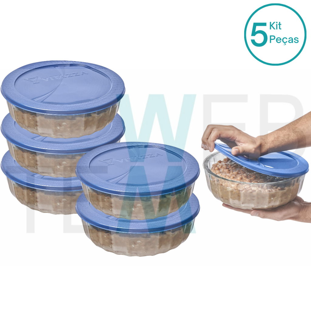 Kit 5 Potes Tigela Saladeira de Vidro com Tampa Plástica Oceani 3,8 litros Vitazza: Para Servir e Organização de Cozinha e Geladeira Opção Sustentável