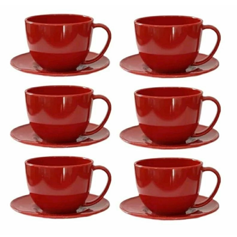 Kit 6 Xícaras e 6 Pires Redondos PLÁSTICO ACRILICO 180ml Café Chá Cappuccino Chocolate Quente presentear Cantinho Café