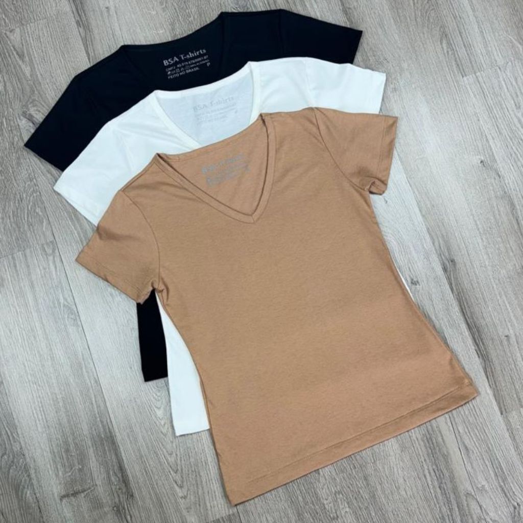 Kit 3 Camiseta T-shirt Gola V Blusinha Feminina Lisa Básica 100% Algodão em Oferta na Shopee
