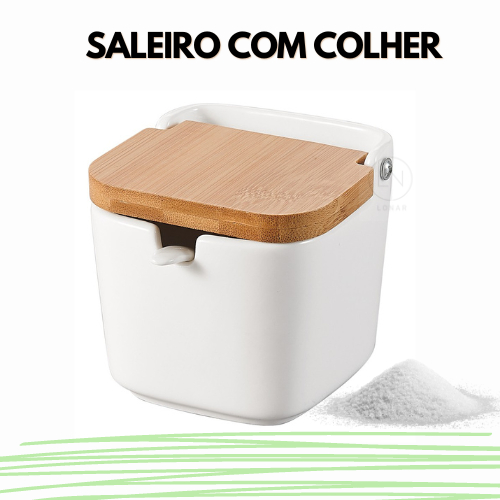 Saleiro com Tampa de Bambu e Colher Cerâmica Porta Açucareiro de Mesa Cozinha