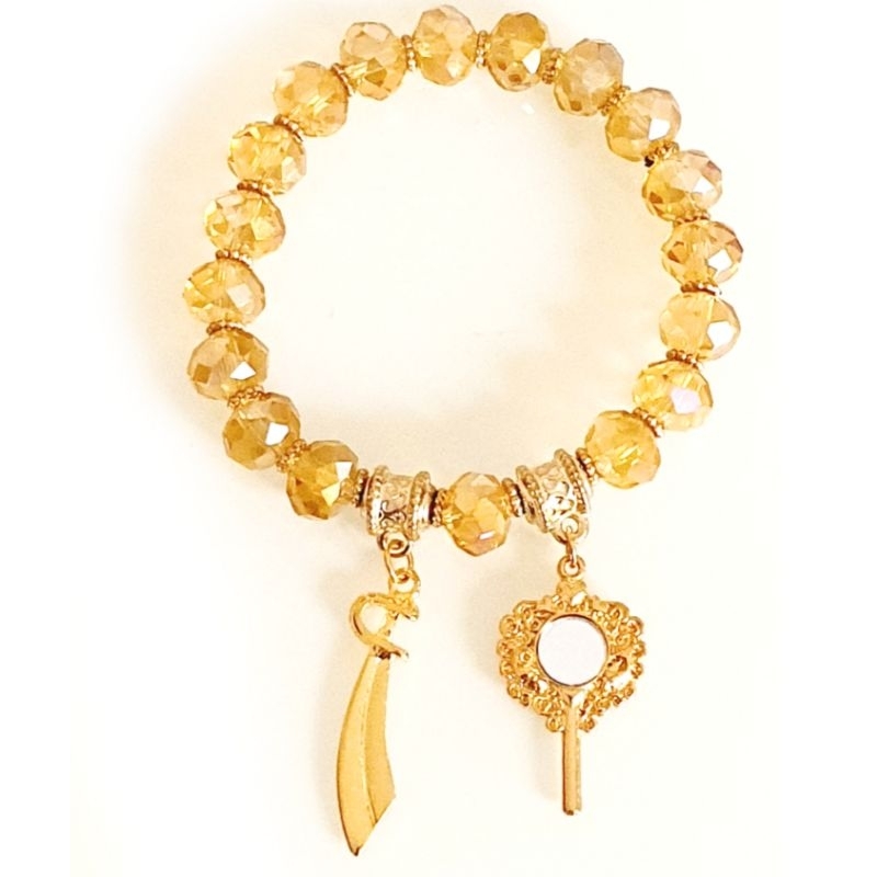 Pulseira de Oxum Espada Espelho Abebê Strass Dourado Osun Opara Iponda Opara Abebe Orixá Umbanda Candomblé