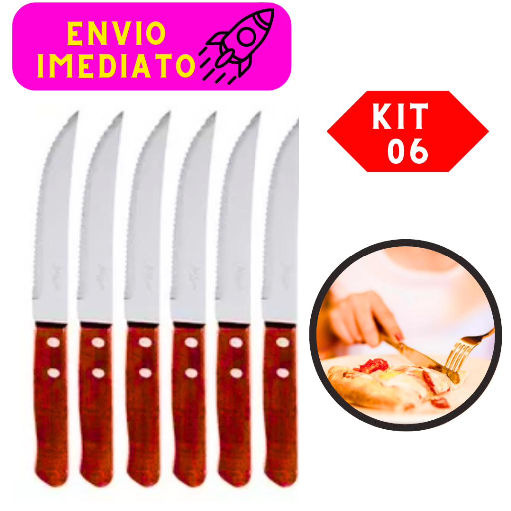 Kit 6 Faca de Cozinha Aço Inox Cabo Madeira Serra Serrilhada 19cm Cozinha Comida Talher
