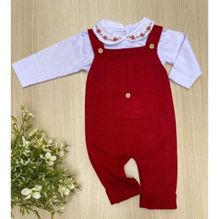 Jardineira de Menina Maria Clara Vermelha Tricot Body Bordado 2 Peças