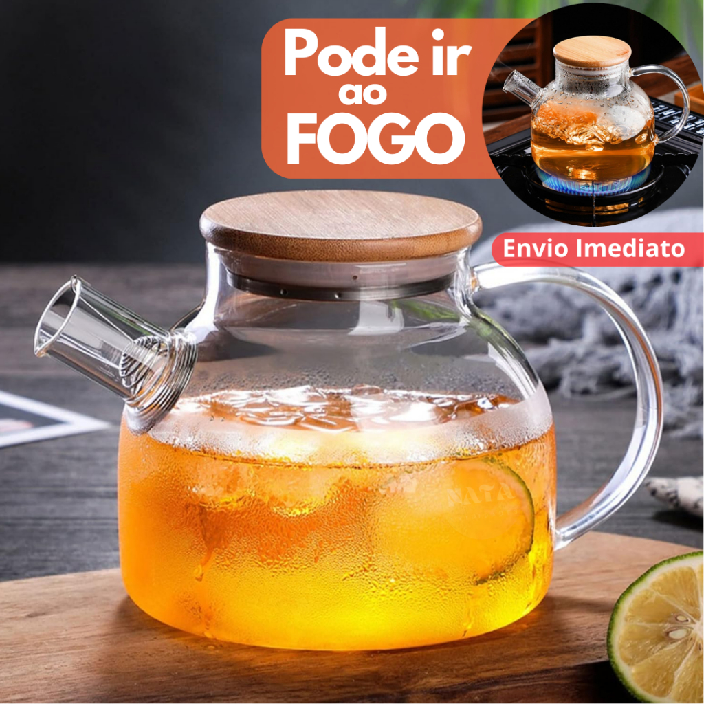 Chaleira de Vidro 1L com Coador Tampa de Bambu Premium Bule infusor Resistente a Calor de ir Ao Fogo