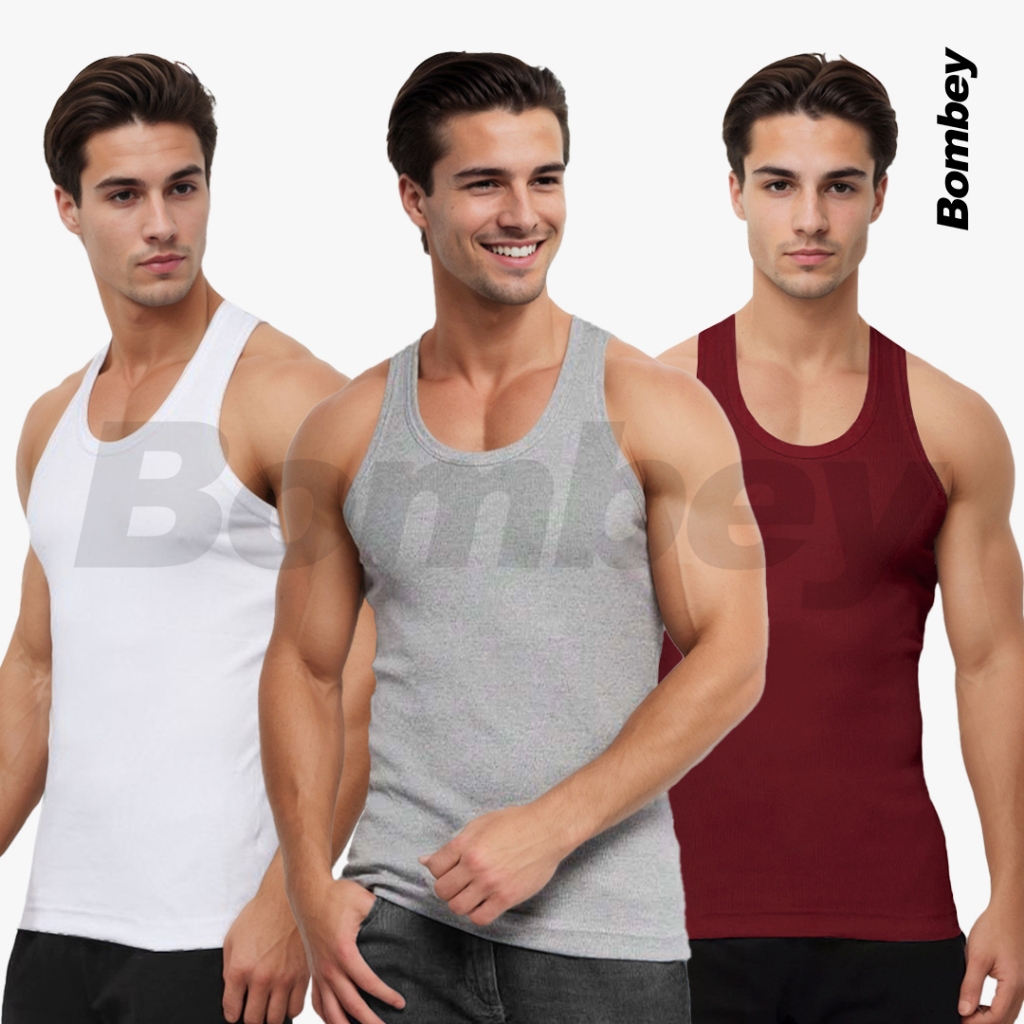 Kit 3 Regatas Masculina Mescla + Branco + Cores Tank Modelo Americano Ribana em Algodão Elastano
