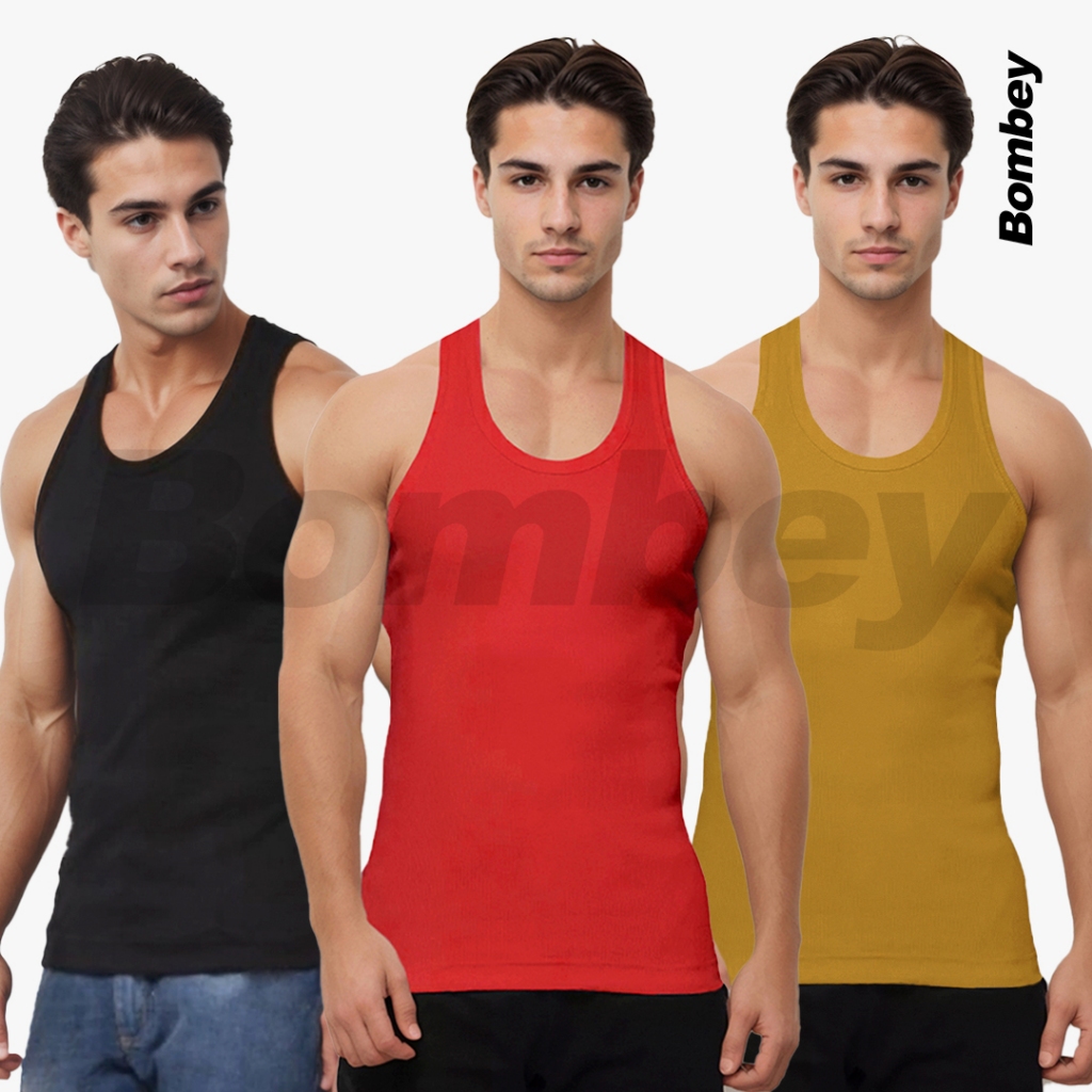 Kit 3 Regatas Masculina Preta + Vermelha + Cores Tank Modelo Americano Ribana Algodão Elastano