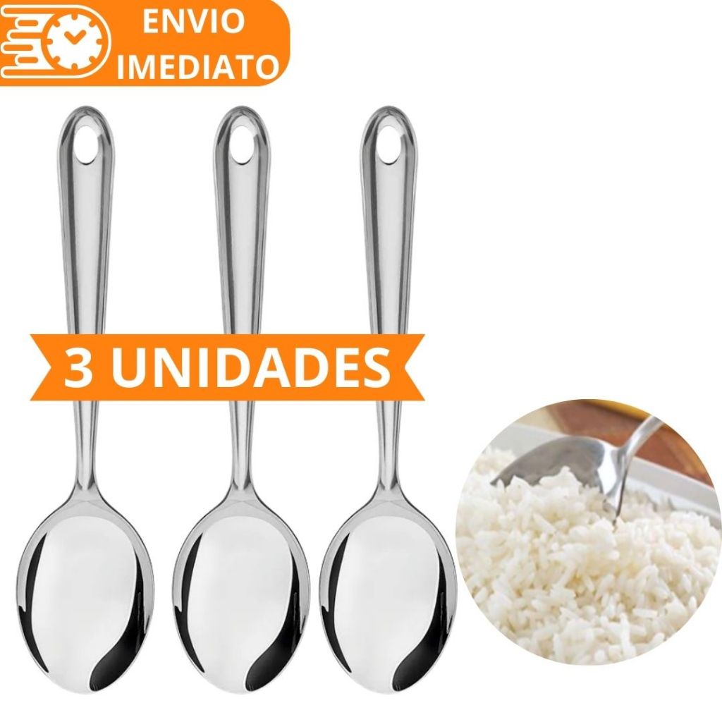 KIT 3 Colher de Arroz GRANDE Cabo longo 100 % Aço Inox Kit Colher de Arroz 26cm para Casa Restaurante Buffet