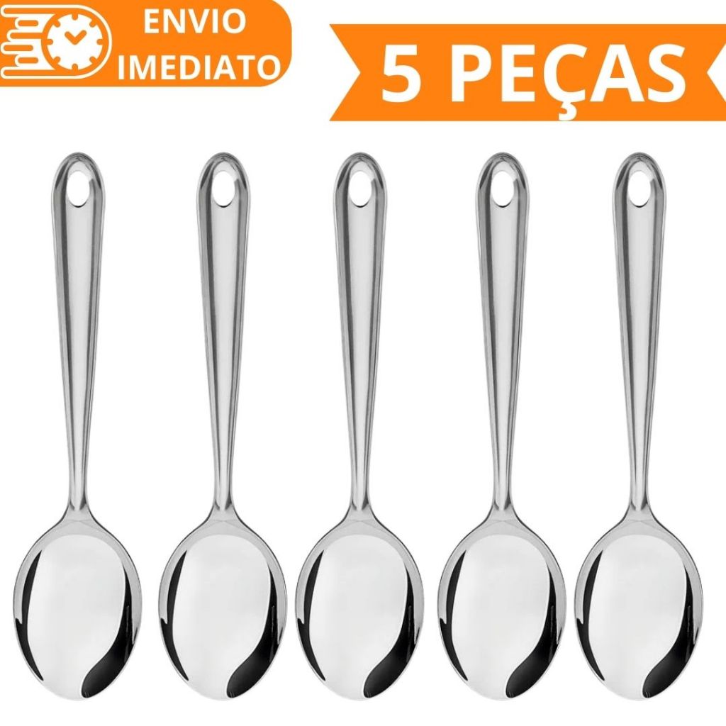 KIT 5 Colher de Arroz GRANDE Cabo longo 100 % Aço Inox Kit Colher de Arroz 26cm para Casa Restaurante Buffet